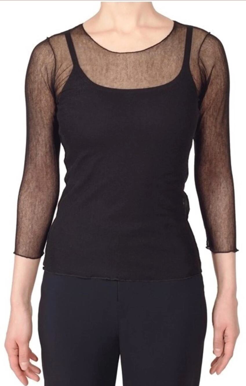 Porto San Francisco Womens Top 1 Small Diva Black Mesh Cotton 3/4 Sleeve Sheer